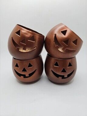 Set Of 4 Vintage Hosley Bronze Metal Jack O Lantern Votive Candle Cups 3"